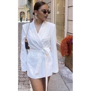 ZARA Blazer Womens XL White‎ Shawl Collar Belt Business Chic Career 2310/187